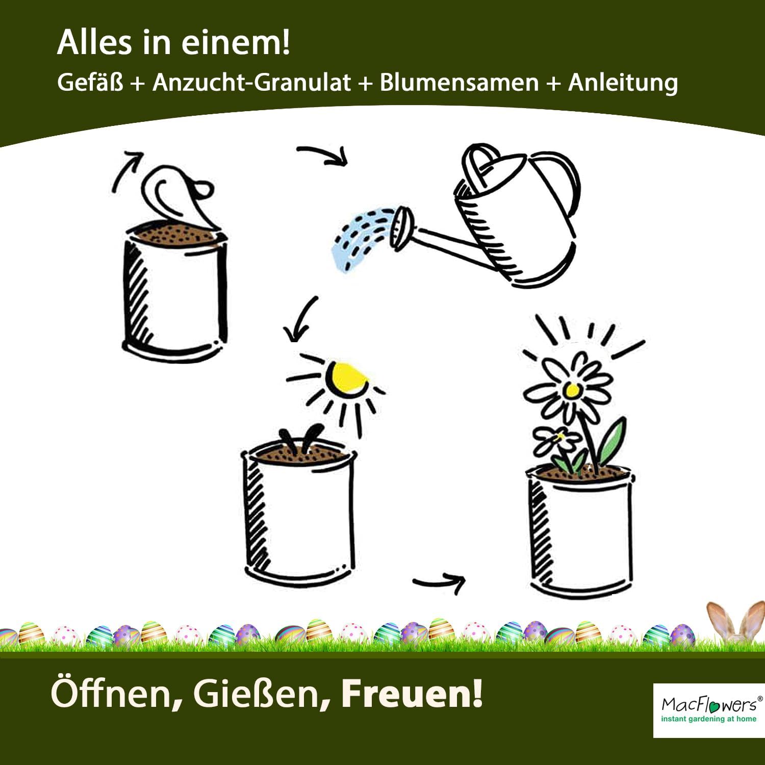 Ostergrüße zu Ostern Osterstrauß Osterhase Anzucht Set mit Sonnenblumen Vergissmeinnicht Kornblumen Schmuckkörbchen Saatgut - 4er Set Geschenk