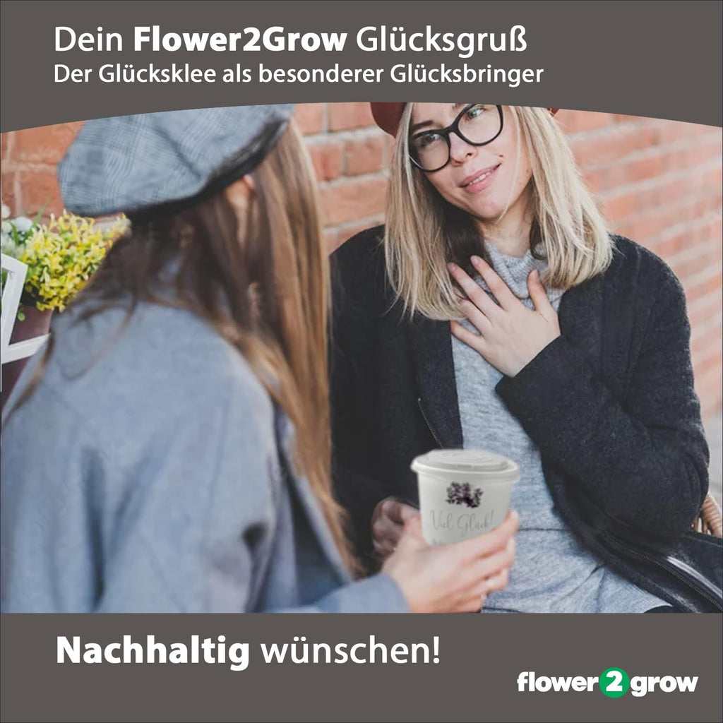 Flower2Grow | Viel Glück Glücksklee Herzblatt | Anzuchtset im Bio 2Go Becher | Das liebe Geschenk für Freundin | Öffnen Gießen Freuen | Wünsche Glück als Blumengruß Geschenk